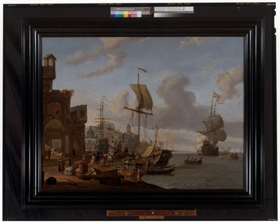 Ein Capriccio-Mittelmeerhafen mit Kaufleuten und anderen Figuren am Kai von Abraham Storck