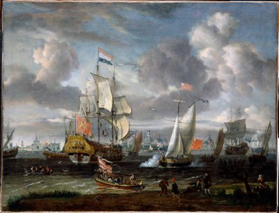 Eine englische Yacht salutiert ein niederländisches Kriegsschiff im Hafen von Rotterdam von Abraham Storck