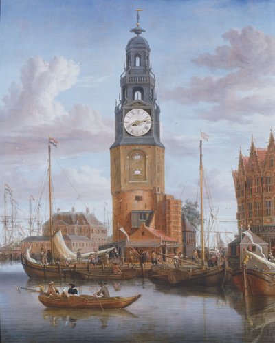 Ansicht des Haringspacker-Turms in Amsterdam, mit einer funktionierenden Uhr im Gemälde, 1684 von Abraham Storck