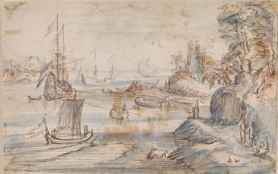 Küstenlandschaft mit mehreren Schiffen, eine hohe Küste mit mehreren Figuren von Abraham Willaerts