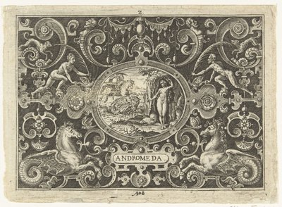 Cartouche: Perseus befreit Andromeda (Ovale cartouches mit voorstellingen uit het leven van Perseus in omlijsting van grotesken) von Abraham de Bruyn