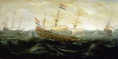 Ein niederländisches Schiff, das auf sehr stürmischer See segelt, mit reduzierten Segeln, in die der Wind hineinströmt. Öl auf Kupfer, um 1625, von Abraham de Verwer (um 1585-1650) von Abraham de Verwer