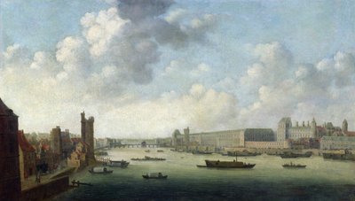 Perspektivische Ansicht von Paris von der Barber-Brücke flussabwärts, Darstellung des Hôtel Bourbon, der Grande Galerie des Louvre, ca. 1640 von Abraham de Verwer