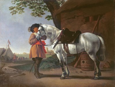 Ein Kavalier mit einem grauen Pferd von Abraham van Calraet