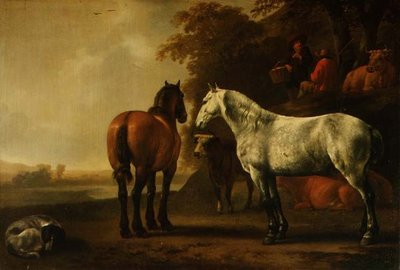 Pferde und Vieh in einer Landschaft von Abraham van Calraet