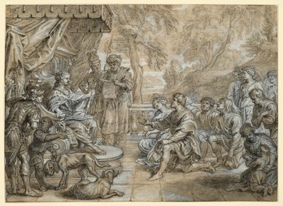 Eine Königin mit Hermelinmantel und Zepter (Semiramis?) auf einem Thron, vor ihr kniet eine Gruppe Männer und Frauen von Abraham van Diepenbeeck