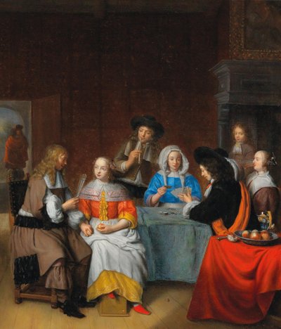 Innenraum mit eleganter Gesellschaft beim Kartenspielen von Abraham van Dijck