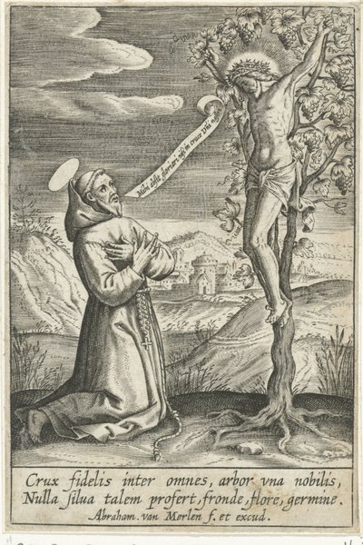 Kniender Heiliger vor Christus am Kreuz von Abraham van Merlen