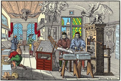 Innenansicht einer Druckerei in Nürnberg, Deutschland: Arbeiter bei der Arbeit, Anfang des 17. Jahrhunderts - graviert von Abraham van Werdt von Abraham van Werdt