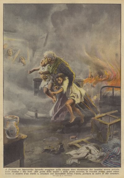 In Faenza brach plötzlich ein Feuer in dem Zimmer aus, in dem zwei Kinder schliefen, und umhüllte? von Achille Beltrame