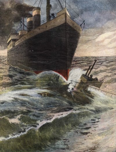 Ein deutscher Transatlantik rammt und zerstört ein U-Boot der englischen Flotte vor der Küste von Dover - Illustration von Beltrame - „La Domenica del Corriere“ Oktober 1912 von Achille Beltrame