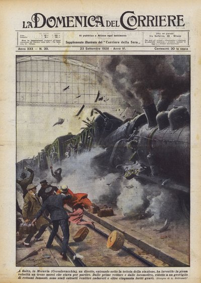 In Saitz, in Mähren (Tschechoslowakei), ein Zug, der unter das Dach des Bahnhofs fuhr... von Achille Beltrame