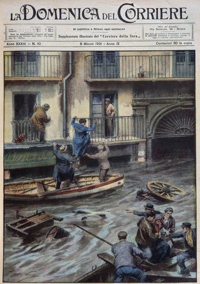 Ein Zyklon entlud eine riesige Wassermenge über Palermo, überschwemmte Plätze, Straßen und zwang die Menschen, ihre Häuser zu verlassen und Zuflucht in Booten zu suchen. Diese Überschwemmungen führten zu mehreren Opfern - Zeichnung von A. Beltrame in „la D von Achille Beltrame