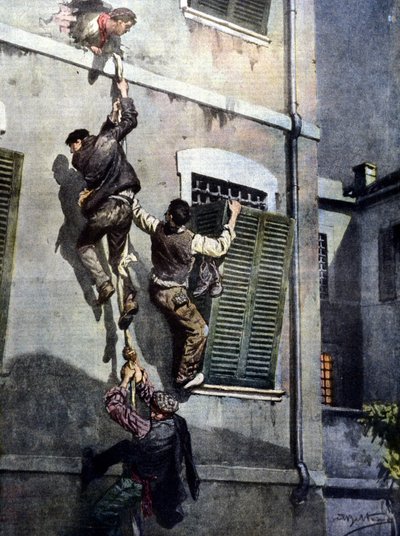 Eine gewagte Flucht von vier Insassen aus dem Gefängnis von Asti nach dem Durchbruch durch die Mauer. Zeichnung von Beltrame. La Domenica del Corriere. 1902. von Achille Beltrame