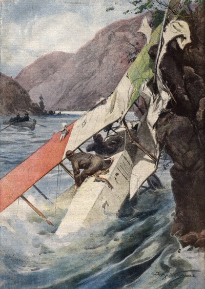 Ein dramatischer Aufklärungsflug: Nach einem Kampf, ohne Motor oder Propeller, schafften es zwei Flieger überraschenderweise, die italienischen Linien zu erreichen und stürzten in den Isonzo-Fluss. Ill. von Beltrame. La Domenica del Corriere. 10/1917 von Achille Beltrame