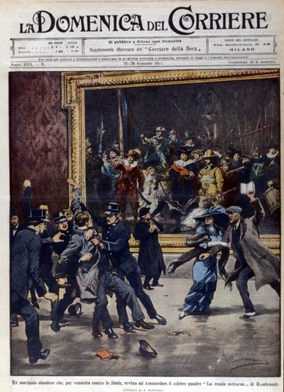 Ein ehemaliger niederländischer Seemann versuchte, das berühmte Gemälde von Rembrandt van Rijn (1606-1669), „Die Nachtwache“, zu zerstören. Titelblatt von „La Domenica del Corriere“, Ill. von Beltrame, 01/1911 von Achille Beltrame