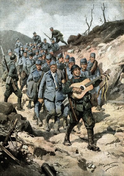 Ein glücklicher Held. Nachdem er vierzig Österreicher und eine Gitarre in einer Höhle gefangen genommen hatte, marschierte Soldat Buoncompagni an der Spitze der Gruppe von Gefangenen singend. Ill. von Beltrame. La Domenica del Corriere. 10/1917 von Achille Beltrame