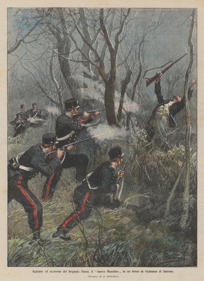 Hinterhalt und Ermordung des Banditen Parisi, des neuen Musolino, in einem Wald in der Nähe von Salerno von Achille Beltrame