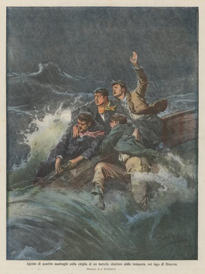 Qual von vier Schiffbrüchigen auf dem Kiel eines vom Sturm geschlagenen Bootes auf dem Genfersee von Achille Beltrame