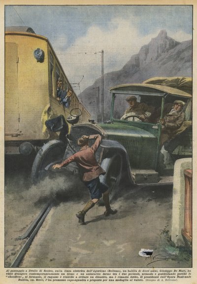 Am Bahnübergang von Sedico, auf der elektrischen Linie von Agordino (Belluno), ein Balilla von Achille Beltrame