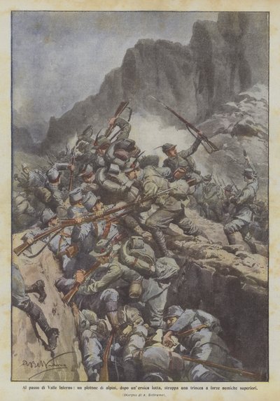 Am Pass von Valle Inferno, ein Zug Alpenjäger erobert nach heldenhaftem Kampf einen Schützengraben von Achille Beltrame