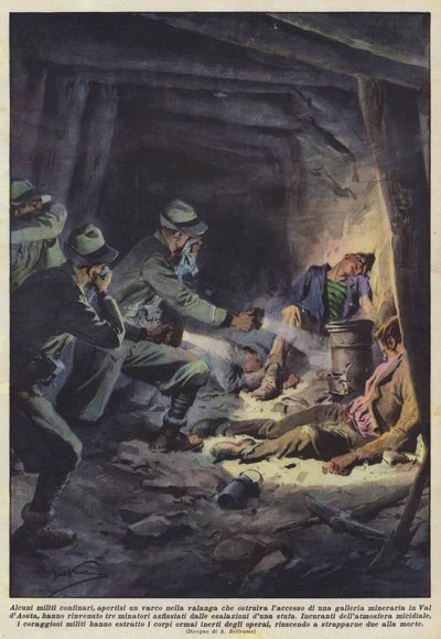 Einige Grenzsoldaten bahnten sich einen Weg durch die Lawine, die den Zugang zu einem Tunnel versperrte von Achille Beltrame
