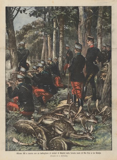 Alfons XIII. auf der Jagd mit einem Bataillon Soldaten aus Madrid im königlichen Wald von Rio Frio in La Granja von Achille Beltrame