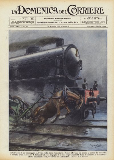 Auf der Höhe eines Bahnübergangs auf der Linie Casale-Mortara ein vorbeifahrender Zug von Achille Beltrame