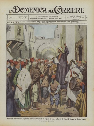 Offizielle Annexion von Tripolitanien an Italien, Ausrufer, die auf Arabisch in den Straßen lesen von Achille Beltrame
