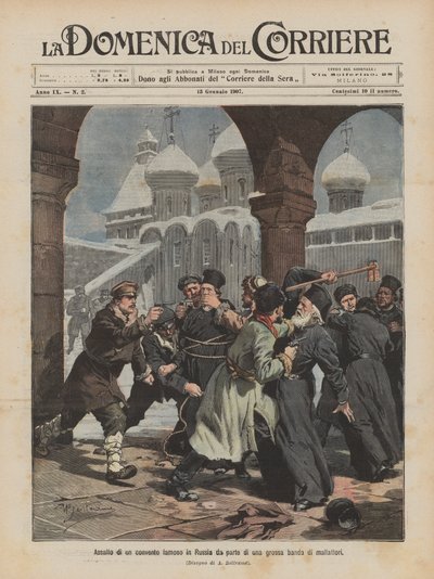 Angriff auf ein berühmtes Kloster in Russland durch eine große Bande von Verbrechern von Achille Beltrame
