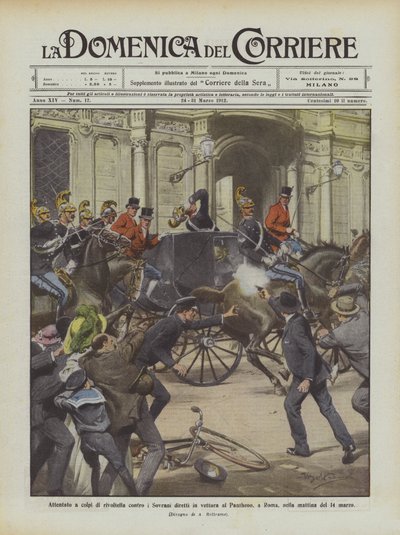 Attentat mit Revolverschüssen auf die Monarchen auf dem Weg zum Pantheon in Rom am Morgen des 14. März von Achille Beltrame