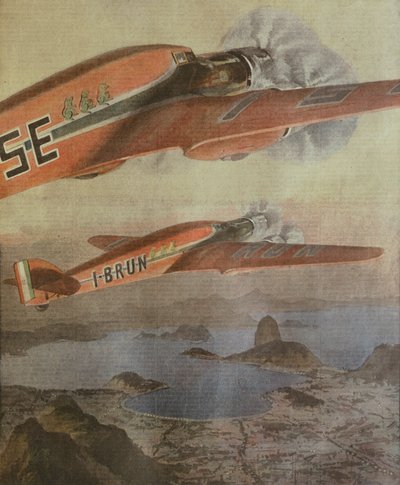 Italien-Brasilien Transatlantikflug von Attilio Biseo und Bruno Mussolini, Illustration von Achille Beltrame von Achille Beltrame