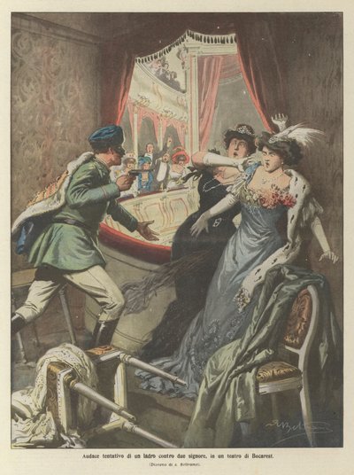 Kühner Diebstahlsversuch eines Diebes gegen zwei Damen in einem Theater in Bukarest von Achille Beltrame