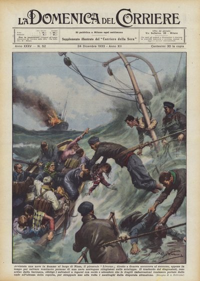 Ein brennendes Schiff vor Nizza gesichtet, der Dampfer Livorno auf dem Weg nach Genua eilte zur Hilfe von Achille Beltrame