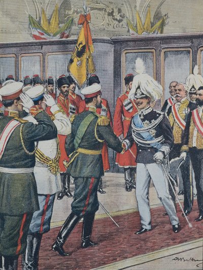Viktor Emanuel III. König von Italien (1900-1946); Nikolaus II. Zar von Russland (1894-1917). Russland. Der Zar empfängt König Viktor Emanuel III. von Italien in Peterhof. Illustration von A. Beltrame. La Domenica del Corriere von Achille Beltrame