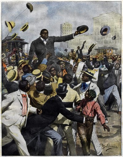Boxer Jack Johnson kam 1910 in Chicago an. Illustration von Achille Beltrame für La Domenica del Corriere. von Achille Beltrame
