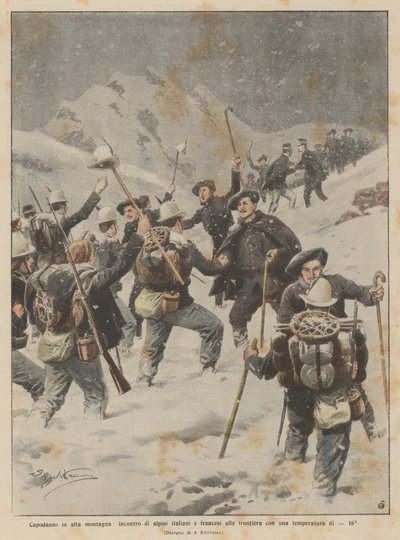 Neujahr in den Bergen, Treffen italienischer und französischer Alpini an der Grenze bei -16°C von Achille Beltrame