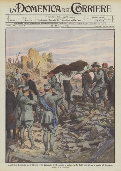 Katastrophales Erdbeben in den Abruzzen und in Kampanien, der König beobachtet den Transport der Verletzten von Achille Beltrame