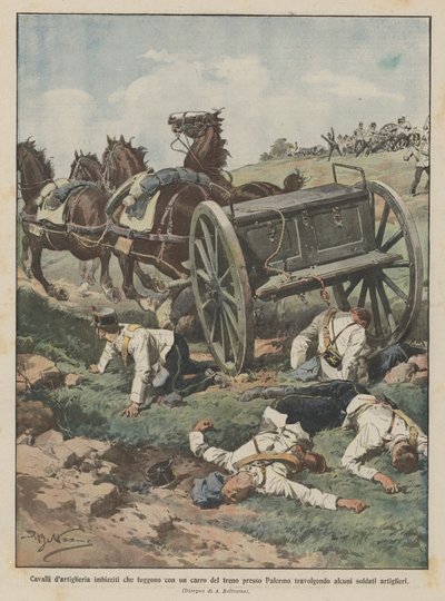 Durchgehende Artilleriepferde fliehen mit einem Zugwagen bei Palermo und überrennen von Achille Beltrame