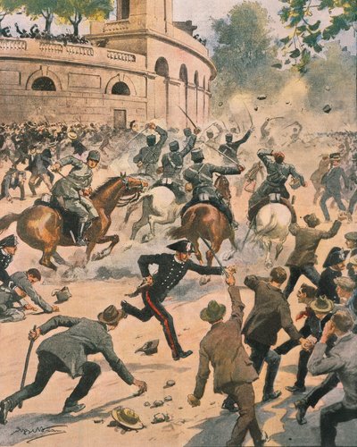 Zusammenstöße vor der Arena während des Generalstreiks in Mailand, Illustration von Achille Beltrame aus La Domenica del Corriere, Juni 1914 von Achille Beltrame