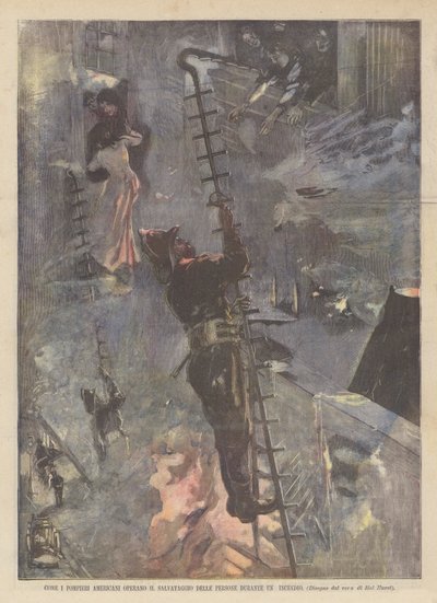 Wie Die Amerikanischen Feuerwehrleute Menschen Während Eines Brandes Retten von Achille Beltrame
