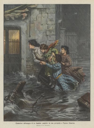 Mutige Rettung von drei Mädchen durch ein junges Mädchen in Varazze (Genua) von Achille Beltrame