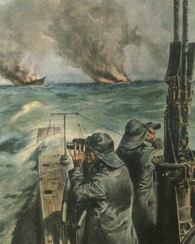 Titelillustration von anglo-amerikanischen Dampfschiffen, die vor der Küste Westafrikas während des Zweiten Weltkriegs torpediert werden von Achille Beltrame