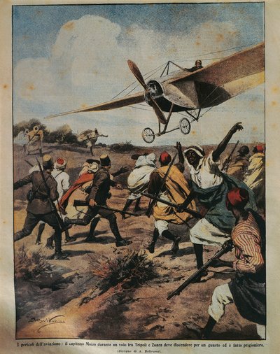 Titelillustration von Captain Moizo bei einem Absturzversuch während der Afrikakampagne, von Achille Beltrame (1871-1945), aus La Domenica del Corriere, 22. September 1912 von Achille Beltrame
