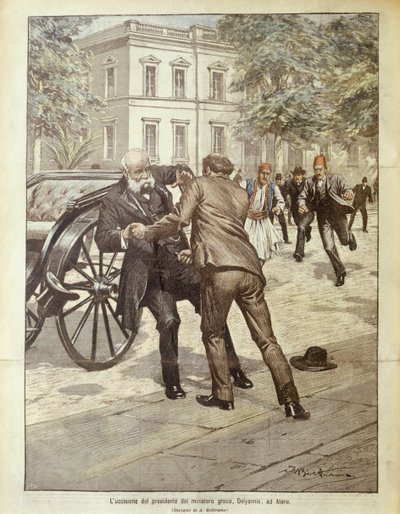 Titelillustration des Attentats auf den griechischen Premierminister Delyannis; Athen, Griechenland von Achille Beltrame