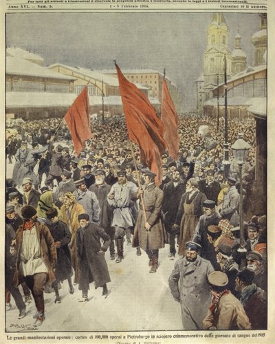 Titelillustration von hunderttausend Arbeitern, die zum Gedenken an den Blutsonntag von 1905 marschieren; Sankt Petersburg, Russland von Achille Beltrame