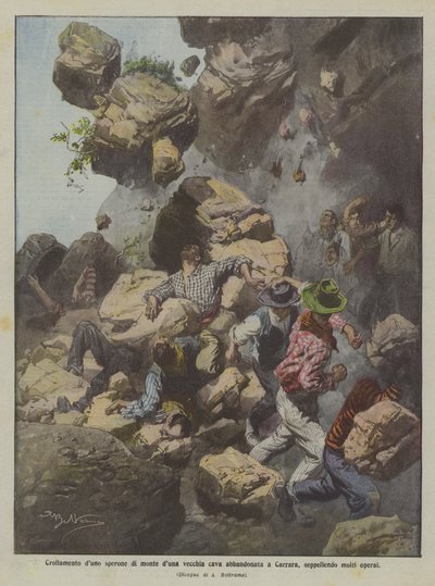 Einsturz eines Bergvorsprungs einer alten verlassenen Mine in Carrara, viele Arbeiter verschüttet von Achille Beltrame