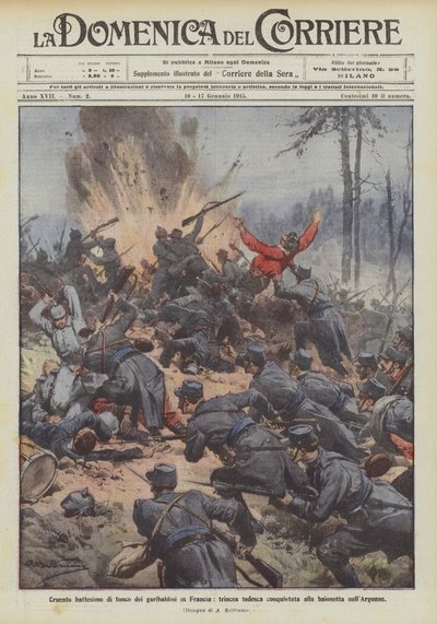 Blutige Feuertaufe der Garibaldini in Frankreich, deutsche Schützengräben im Argonnerwald mit Bajonetten erobert von Achille Beltrame
