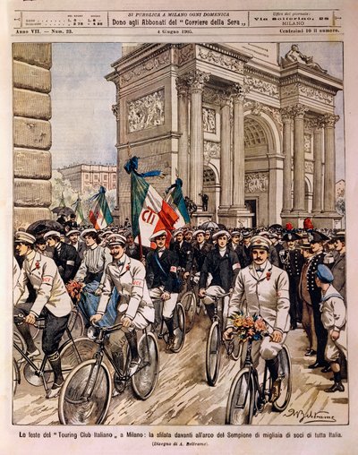 Radfahrerparade am Friedensbogen, Feier des Italienischen Touring Clubs in Mailand, Italien, Illustration von Achille Beltrame aus La Domenica del Corriere, 4. Juni von Achille Beltrame