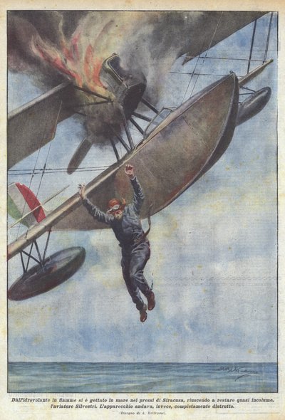 Aus dem brennenden Wasserflugzeug sprang er ins Meer in der Nähe von Syrakus und schaffte es fast... von Achille Beltrame